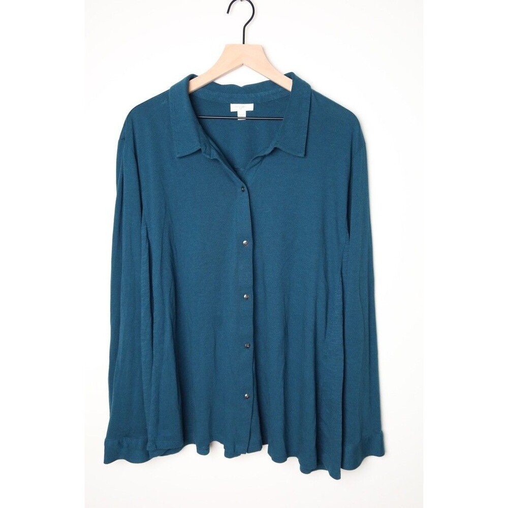 J. Jill Women 4X Dark Teal Blue Button Down Long Sleeve Tunic Top Blouse V neck